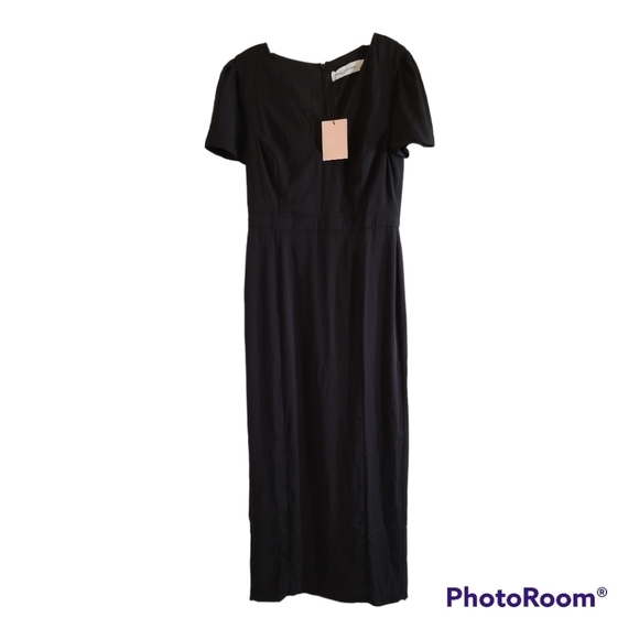 NWT Fame and Partners Black Maxi Sheath Dress 10 Short Sleeve V-neck Modest - Picture 1 of 9